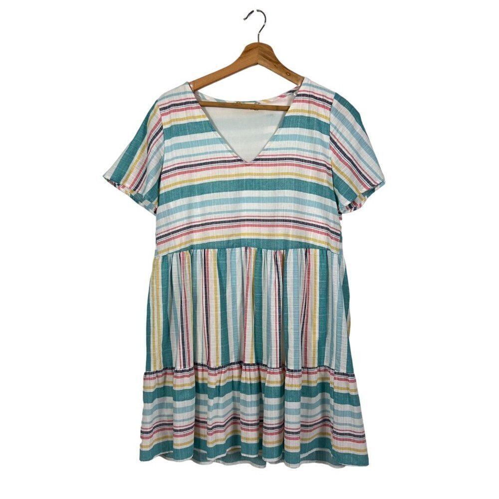 Altar'd State Blue White Pink Striped Dress Cotton Short Sleeves V Neck Small